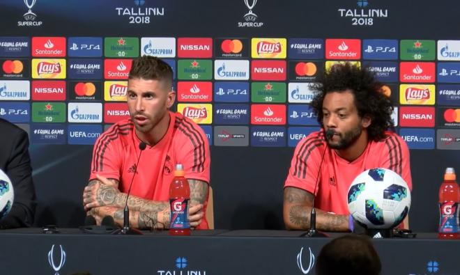 Sergio Ramos y Marcelo, en la rueda de prensa previa a la final de la Supercopa de Europa.