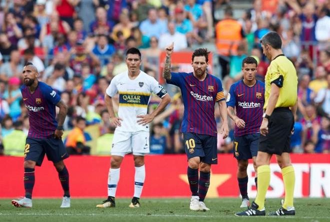 Messi celebra su gol en el Trofeo Joan Gamper ante Boca Juniors.