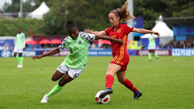 La rojiblanca Maite Oroz en el España-Nigeria del Mundial sub 20, en 2018  (Foto: Fifa.com).