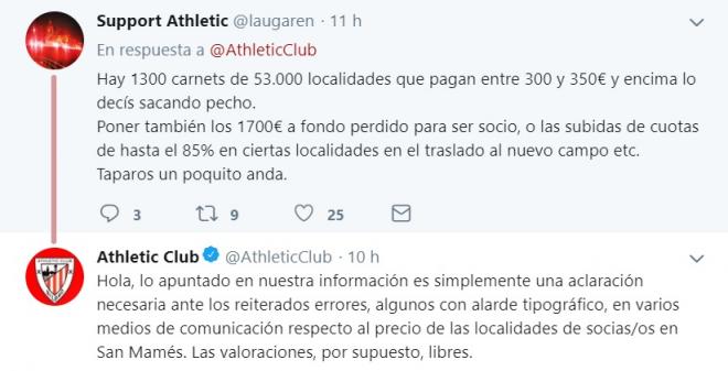 El Athletic Club contesta en twitter tras la pertinente corrección de los datos publicados