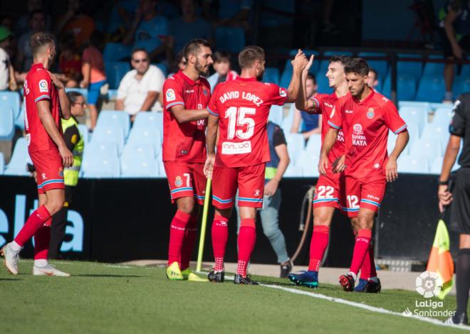Los jugadores del Espanyol celebran el gol de Mario Hermoso al Celta en Balaídos (Foto: LaLiga).