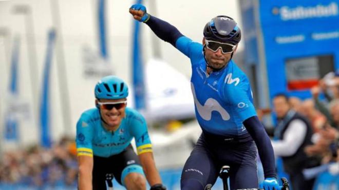 Valverde celebrando un triunfo de etapa con el Movistar Team.