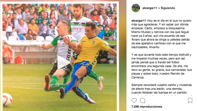 Mensaje de despedida del Cádiz de Álvaro García (Foto: alvargar11).