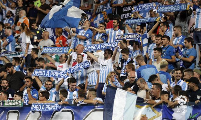 La afición del Málaga, durante un partido de esta temporada.