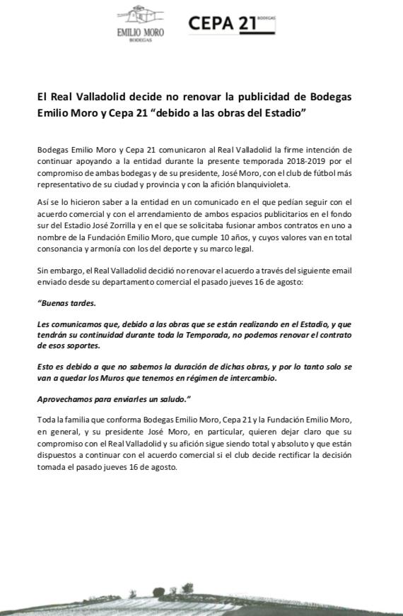 Comunicado de prensa enviado por Emilio Moro y Cepa 21