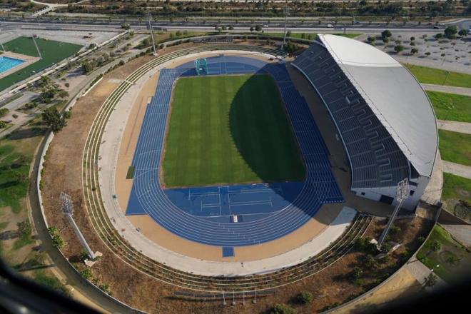 Vista aérea reciente del estadio de atletismo Ciudad de Málaga.