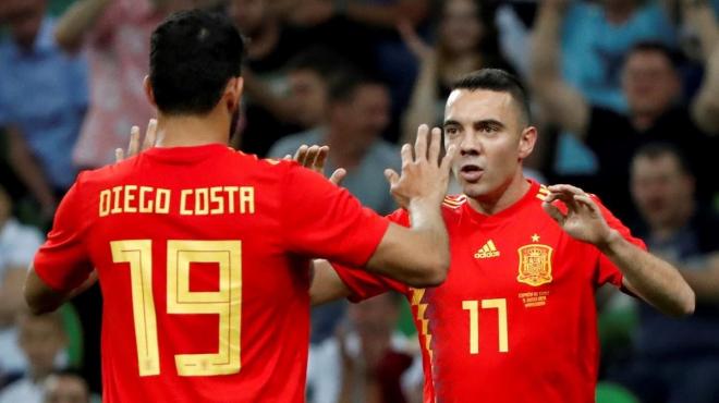 Iago Aspas y Diego Costa celebran un gol ante Túnez en el Mundial de Rusia 2018 (Foto: EFE).