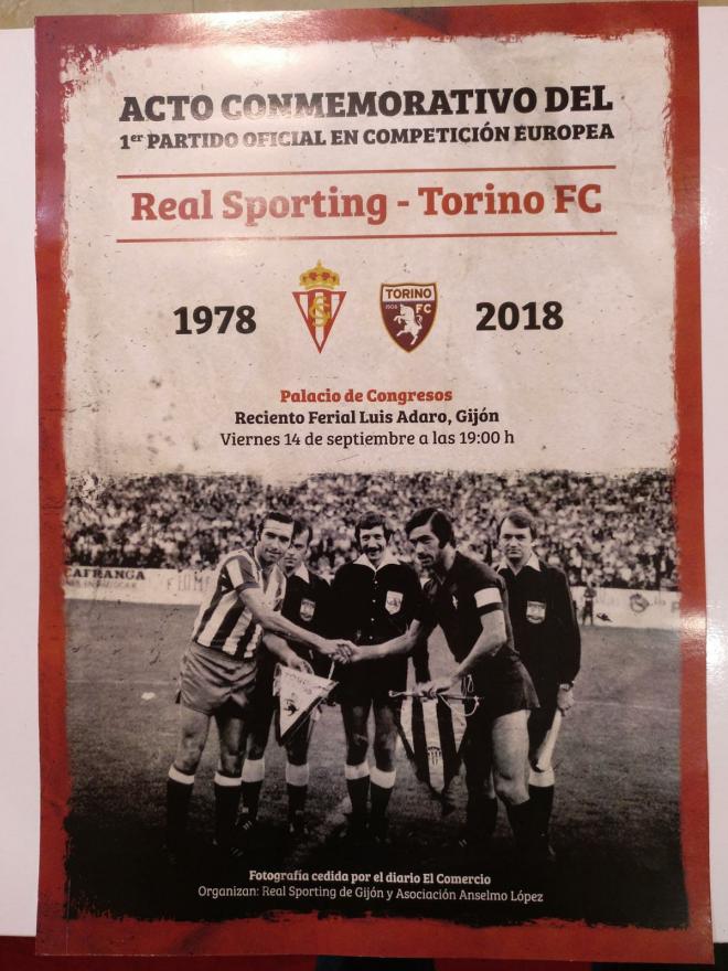 Cartel del acto del 40 aniversario del primer partido europeo del Sporting.