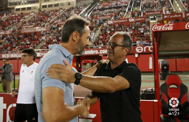 Vicente Moreno y Álvaro Cervera se saludan antes del Mallorca-Cádiz (Foto: LaLiga).