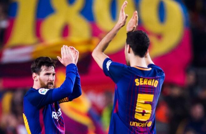 Busquets y Messi, en el Camp Nou en un partido con el Barcelona.