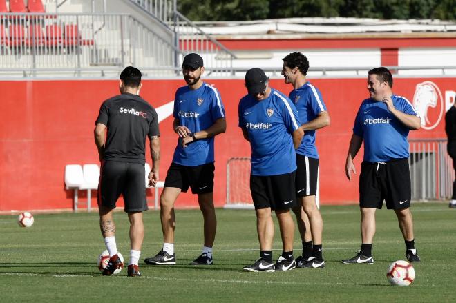 Pablo Machín y su equipo, en el entrenamiento de este miércoles.