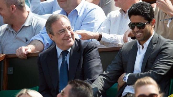 Florentino Pérez, junto a Nasser Al-Khelaifi, presidentes de Real Madrid y PSG respectivamente,