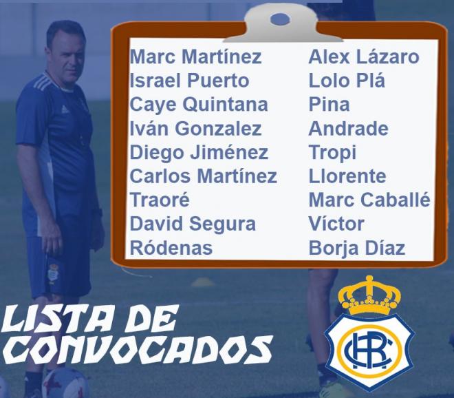 Lista de convocados para el partido en Murcia. (@recreoficial)