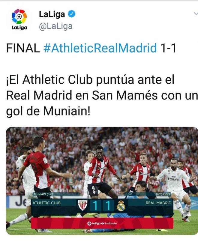 Este es el tuit que publicó la LFP al acabar el Athletic-Real Madrid.