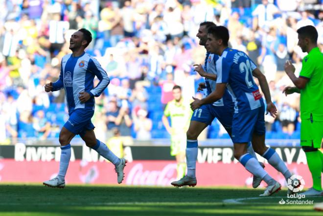 Sergio García celebra su gol en el partido entre el Espanyol y el Levante (LaLiga Santander).