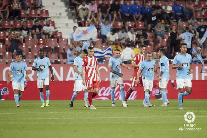 Los jugadores del Celta, tras el gol de Iago Aspas al Girona en Montilivi (Foto: LaLiga).