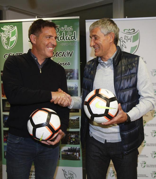 Berizzo y Setién juntos en la inauguración del curso de entrenadores de la Federación Andaluza de Fútbol en 2017.