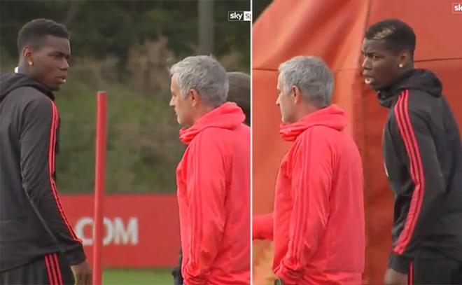 Mourinho y Pogba, cruzando mirandas en el entrenamiento.