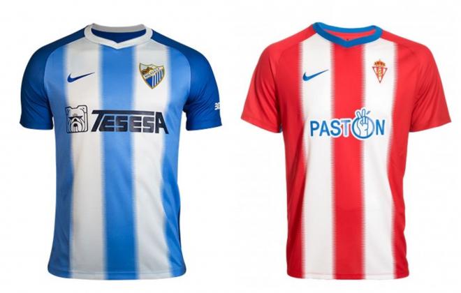 Las camisetas del Málaga y el Sporting.