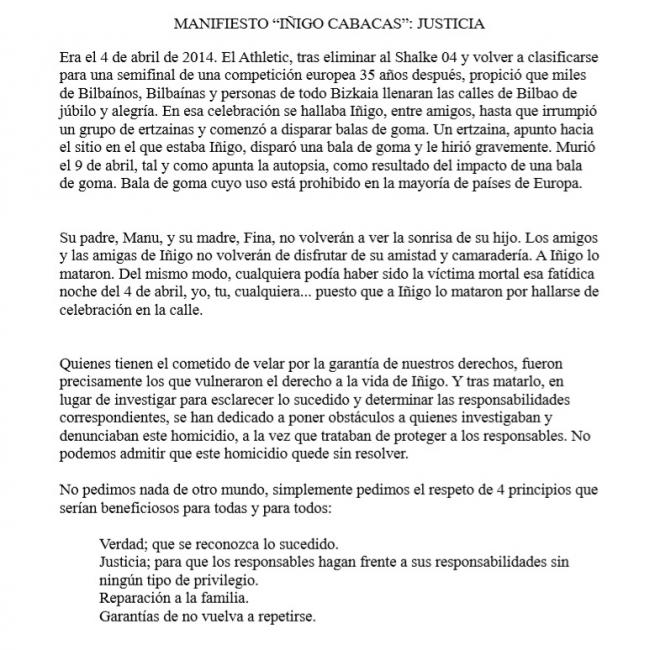Manifiesto que se hizo público pidiendo justicia para Iñigo Cabacas