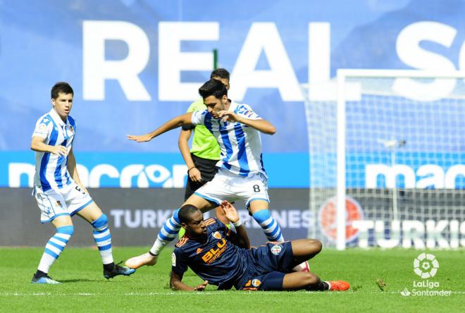 Mikel Merino durante un lance del partido ante el Valencia (Foto: LaLiga).
