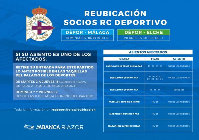 Reubicación de socios del Deportivo para los choques contra Málaga y Elche (Foto: RCD).