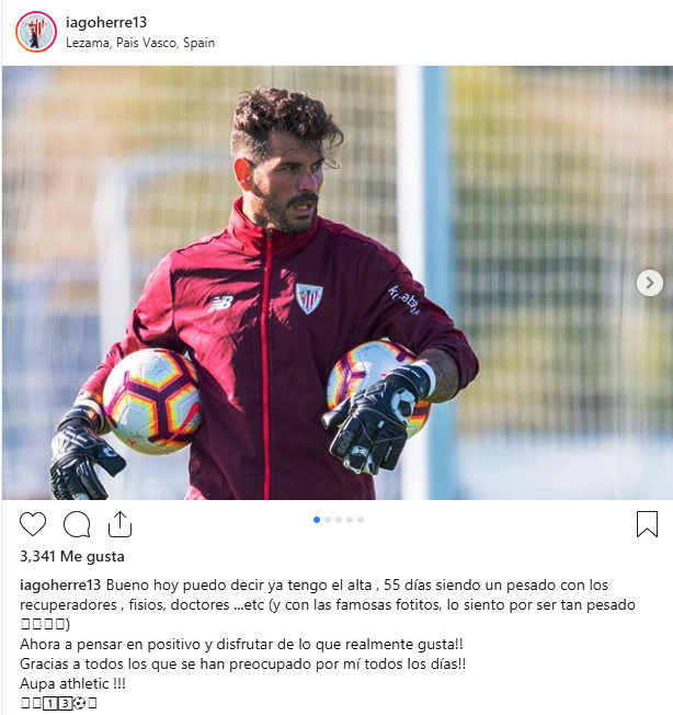 Iago Herrerín celebra a través de Instagram tener el alta médica (Foto: Instagram iagoherre13).
