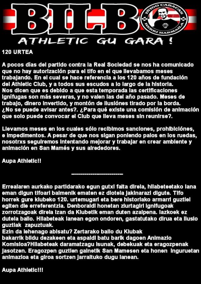 Comunicado de la ICHH manifestando su descontento por no poder lucir el 'tifo' elaborado para el derbi.