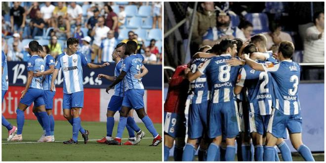 Jugadores del Málaga y del Dépor celebran un gol en su estadio.