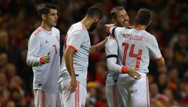 Celebración del gol de Sergio Ramos en el triunfo de la selección española ante Gales.