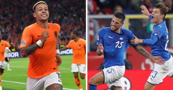 Depay celebra su gol en el Holanda-Alemania y Biraghi el suyo en el Polonia-Italia.