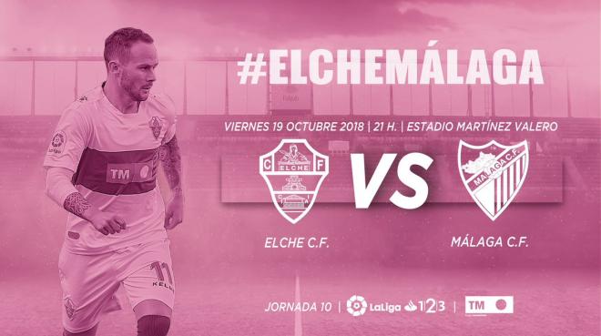 Cartel del Elche-Málaga, en rosa por el Día del cáncer de mama.