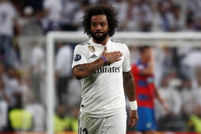Marcelo celebra un gol con el Real Madrid.