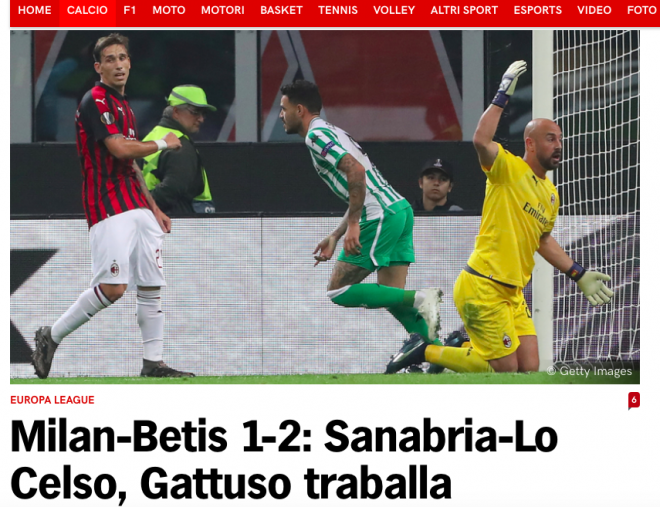 La crónica en El Corriere dello Sport del Milan-Betis.