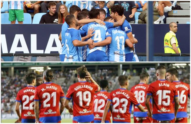 Málaga y Numancia celebrando un gol