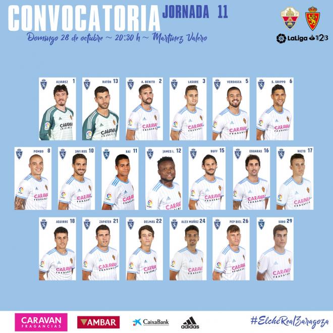 Convocatoria del Real Zaragoza para medirse al Elche (Foto: Real Zaragoza).