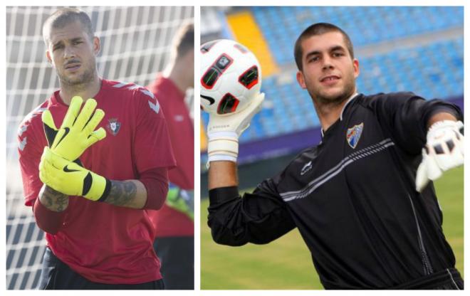 Rubén, en un entreno de Osasuna y en su presentación con el Málaga.