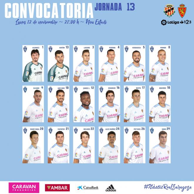 Lista de convocados del Real Zaragoza para el partido ante el Nástic (Foto @RealZaragoza).