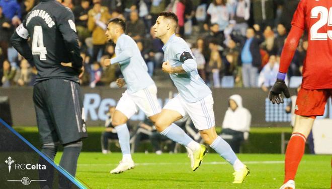 Hugo Mallo celebra su gol en el Celta-Real Madrid (Foto: RCCV).