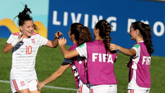 Claudia Pina celebra uno de los goles con España ante Corea del Sur en el Mundial de Uruguay (Foto: FIFA).