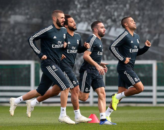 Marcelo, Carvajal y Mariano durante el entrenamiento de este miércoles (Foto: Real Madrid)