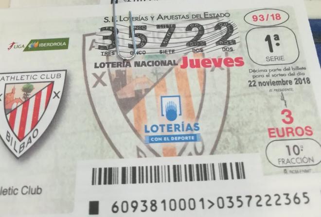 El décimo de Lotería con el escudo del Athletic Club que se sorteará el jueves 22 de noviembre (Foto: Lotería Zubiarte).