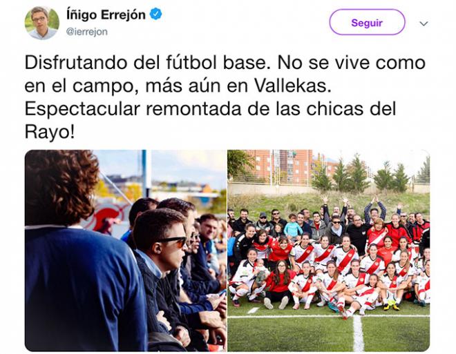 Tuit de Errejón tras el Rayo Vallecano-Real Sociedad de la Liga Iberdrola.