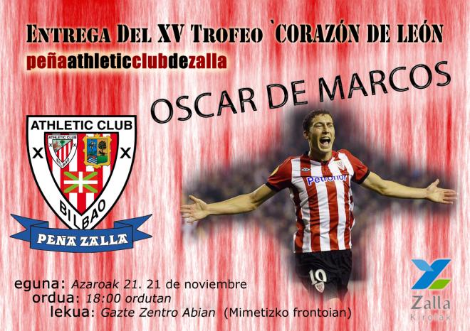 Cartel del XV 'Trofeo Corazón de León' que entregará la Peña Zalla a Óscar de Marcos.
