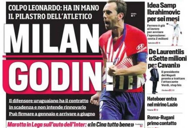 Godín, en la portada de Il Corriere dello Sport.