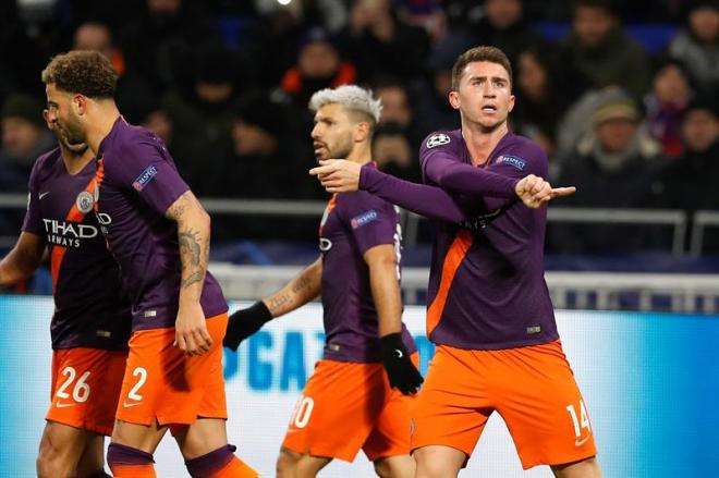 Laporte celebra un gol en el Lyon-City de Champions League.