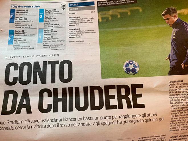 Prensa italiana en la previa contra el Valencia
