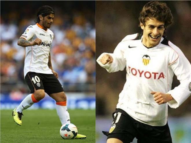 Banega (Boca Juniors) y Aimar (River Plate) con la camiseta del Valencia CF.