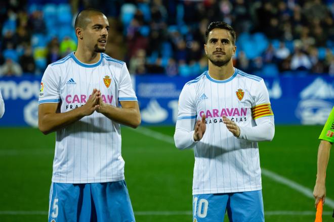 Javi Ros y Diogo Verdasca, antes del Real Zaragoza-Córdoba (Foto: Dani Marzo).