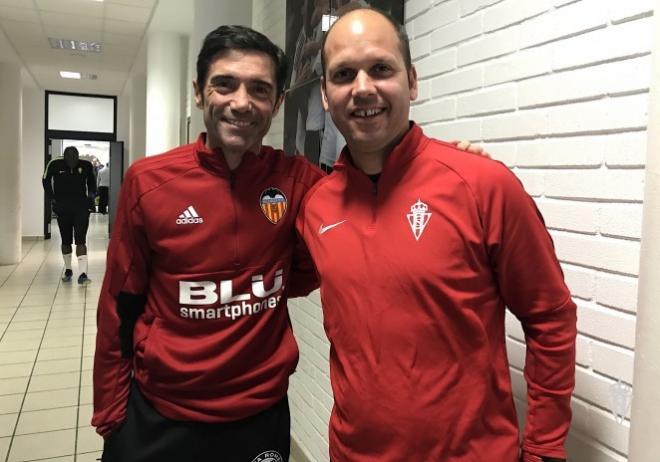 José Alberto, técnico del Sporting, con Marcelino en Paterna